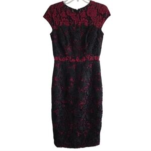 Monique Lhuillier Lace Sheath Cocktail Dress 6 Black Red 2-tone Holiday Party